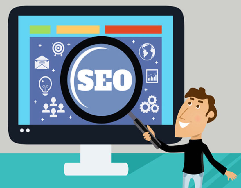 Ilustración de análisis SEO con una lupa y una pantalla